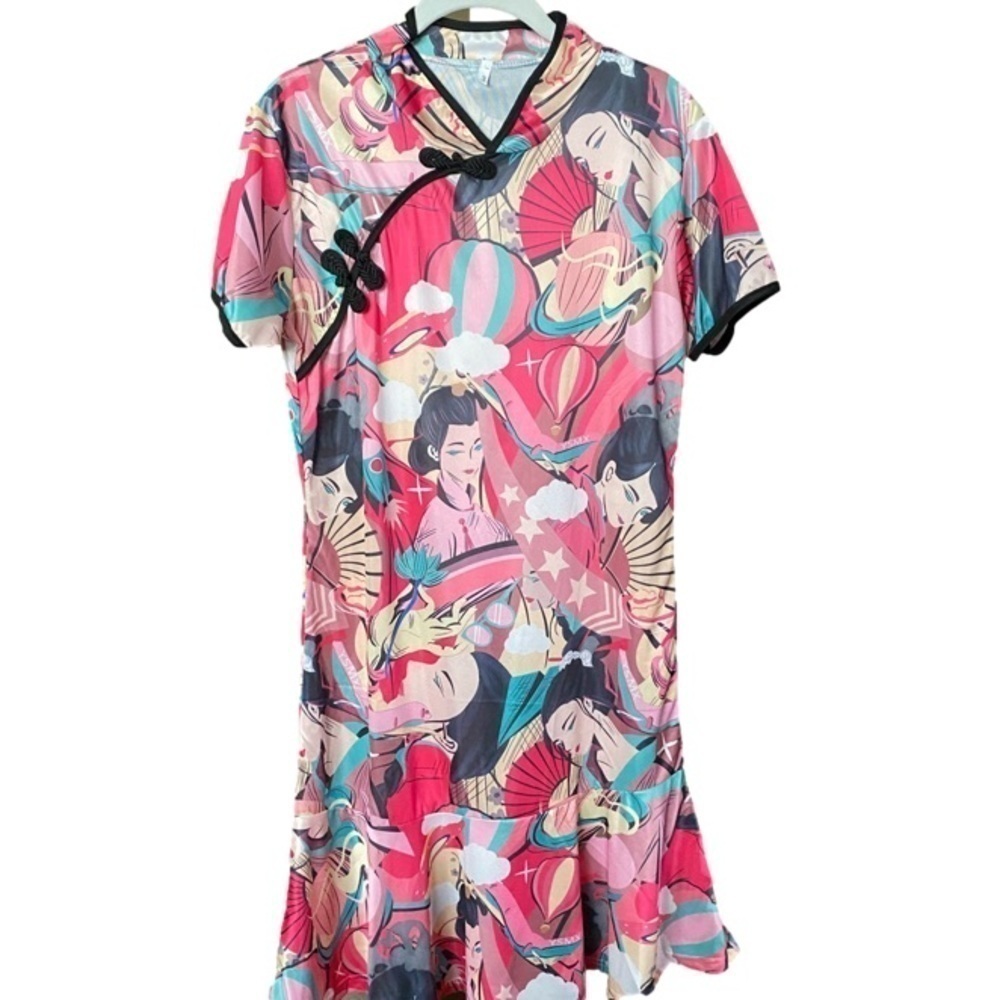 Asian Chinese Themed Print Multicolored Short Sleeve Shift Dress